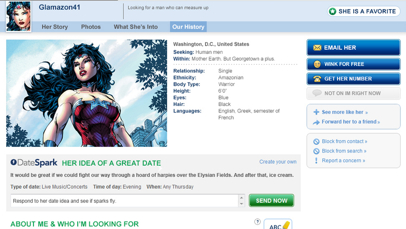 Illustration for article titled Superman’s Match.com Profile Is Online Dating Kryptonite. What the Heck Is Wonder Woman Thinking?